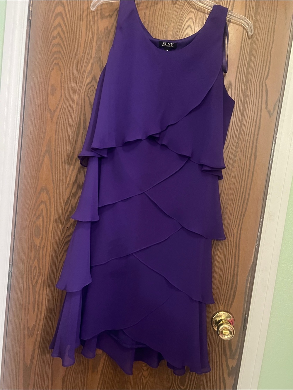 SLNY Purple Layered Ruffle Sleeveless Cocktail Dress